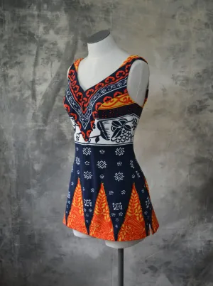 1970s Swim Suit Navy and Red Batik Print