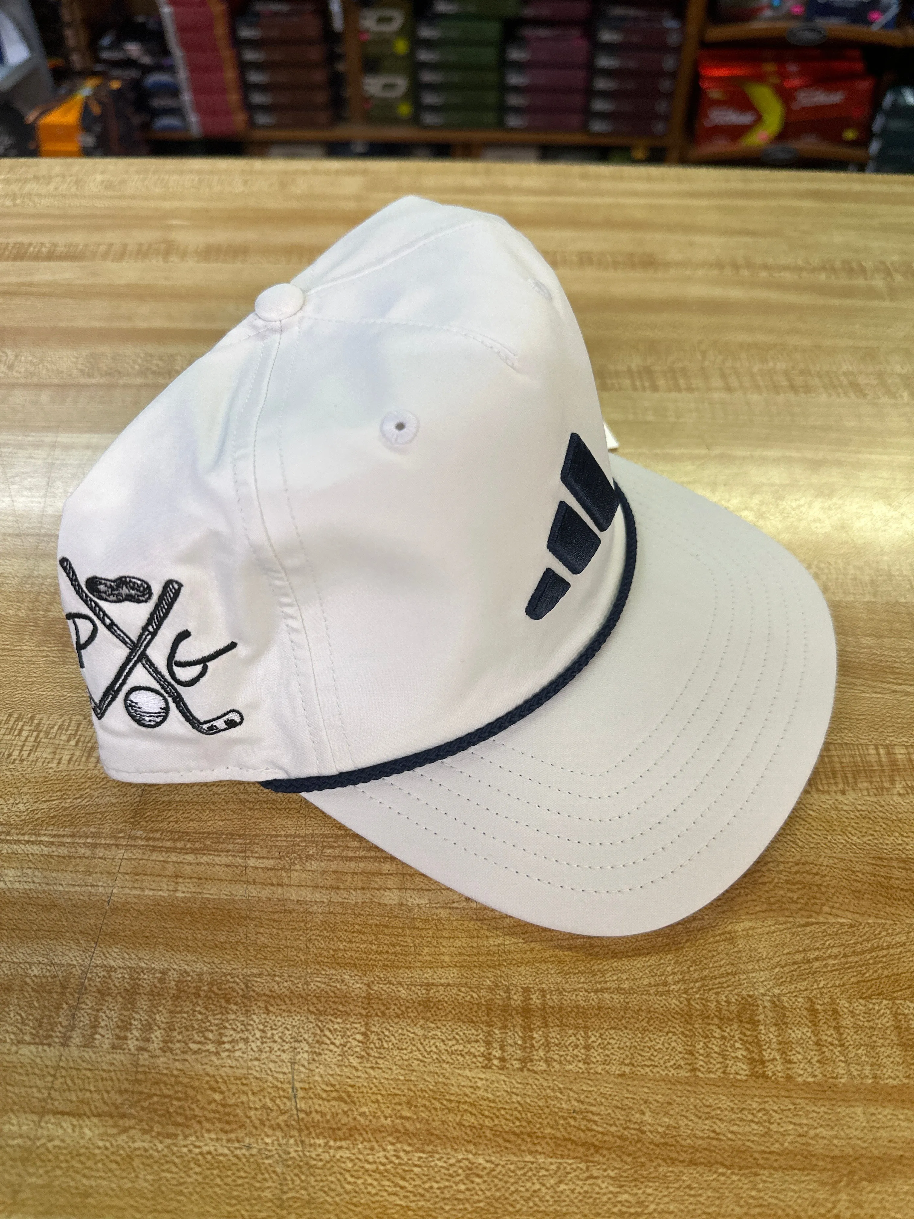 Adidas Tour 5 Panel Hat - White/Navy with Swedish Flag and Peanuts and Golf Logo