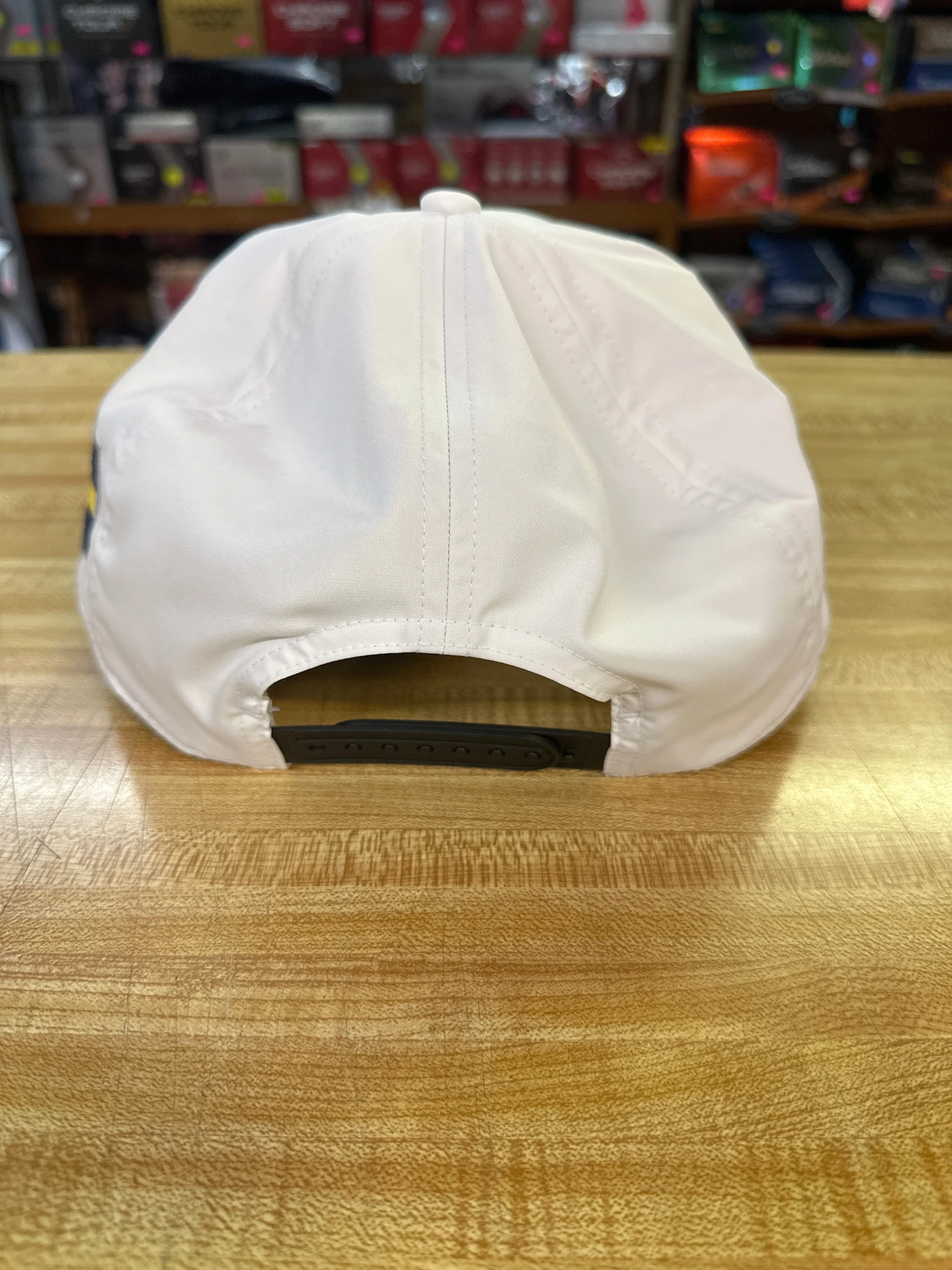 Adidas Tour 5 Panel Hat - White/Navy with Swedish Flag and Peanuts and Golf Logo
