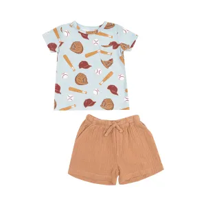 Angel Dear Crew Neck Tee and Muslin Short Set - Baseball