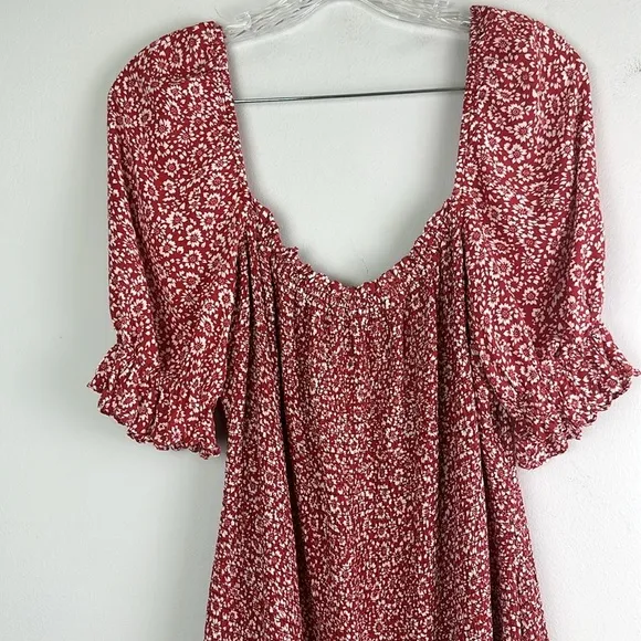 Auguste the Label Marlowe Shirred Mini Dress Large Red Floral Puff Sleeves Girly