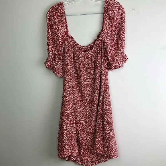 Auguste the Label Marlowe Shirred Mini Dress Large Red Floral Puff Sleeves Girly