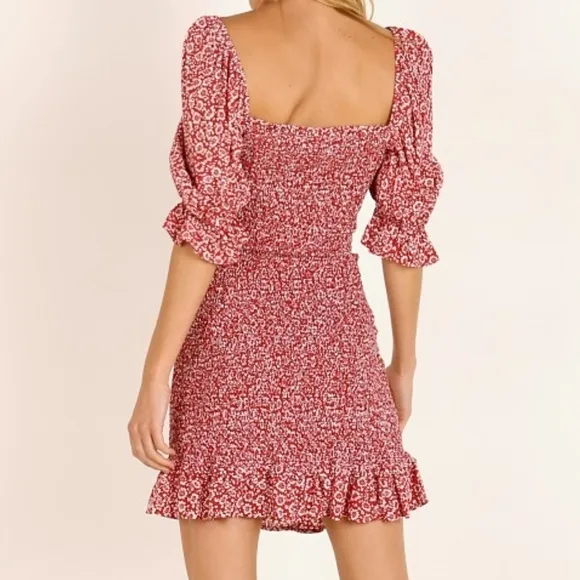 Auguste the Label Marlowe Shirred Mini Dress Large Red Floral Puff Sleeves Girly