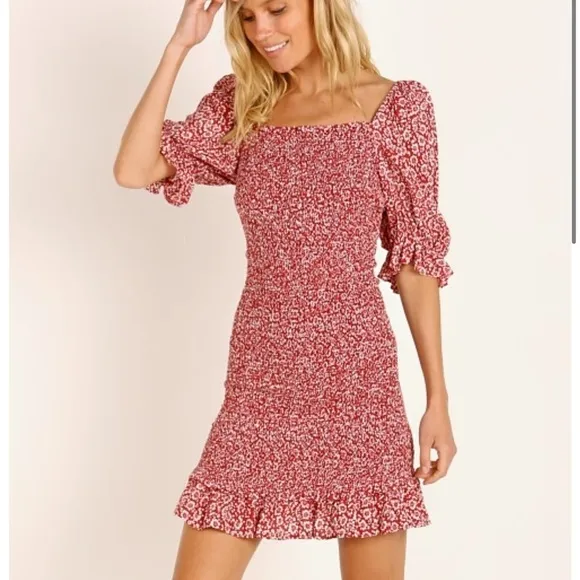 Auguste the Label Marlowe Shirred Mini Dress Large Red Floral Puff Sleeves Girly