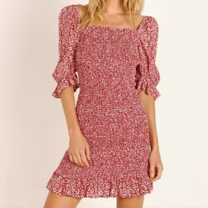 Auguste the Label Marlowe Shirred Mini Dress Large Red Floral Puff Sleeves Girly