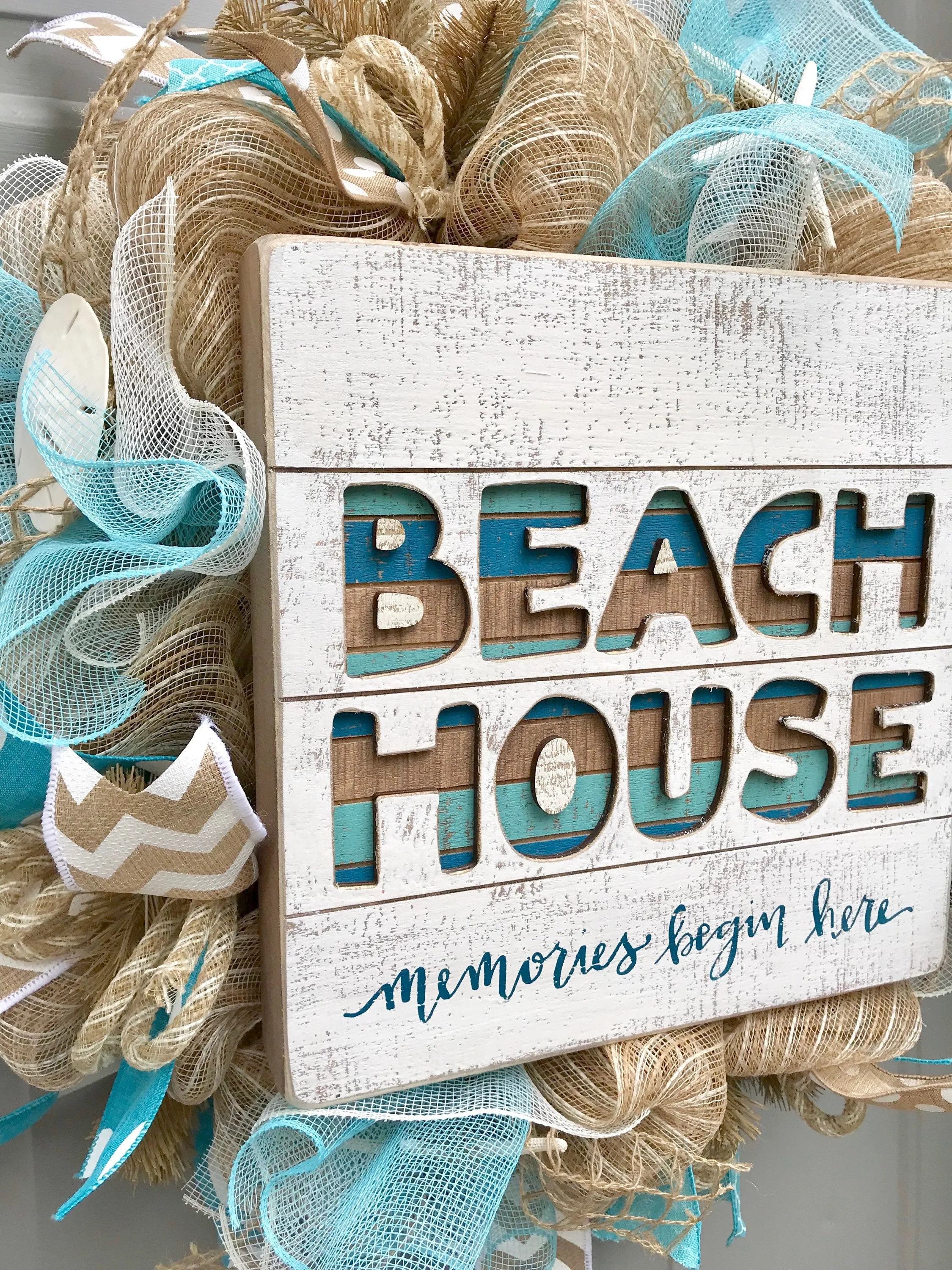 Beach House Burlap Deco Mesh Wreath with Seashells, Seashell Wreath, Sea Shell Wreath, Beach Wreath, Starfish Wreath, Memories Begin Here
