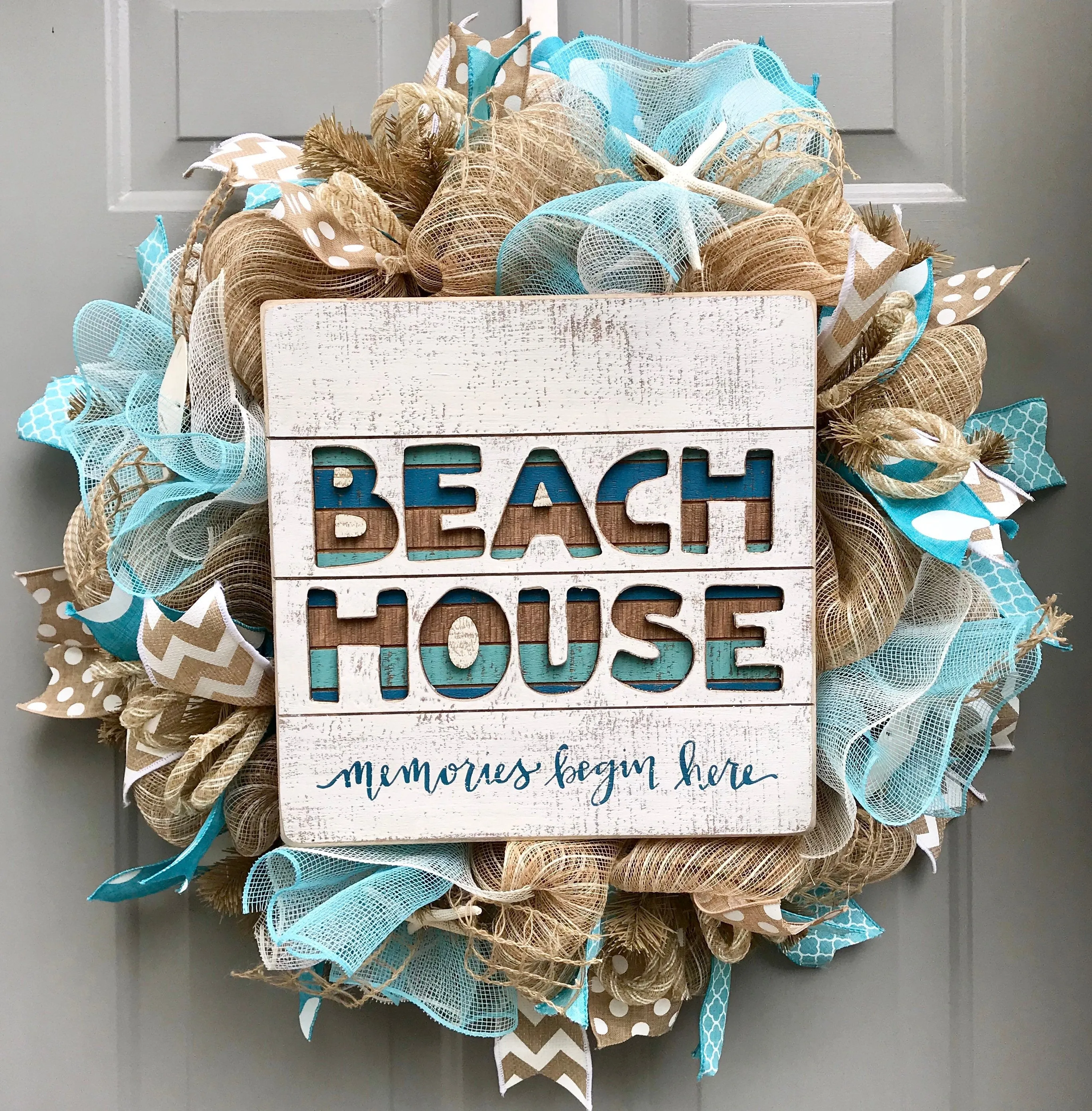 Beach House Burlap Deco Mesh Wreath with Seashells, Seashell Wreath, Sea Shell Wreath, Beach Wreath, Starfish Wreath, Memories Begin Here