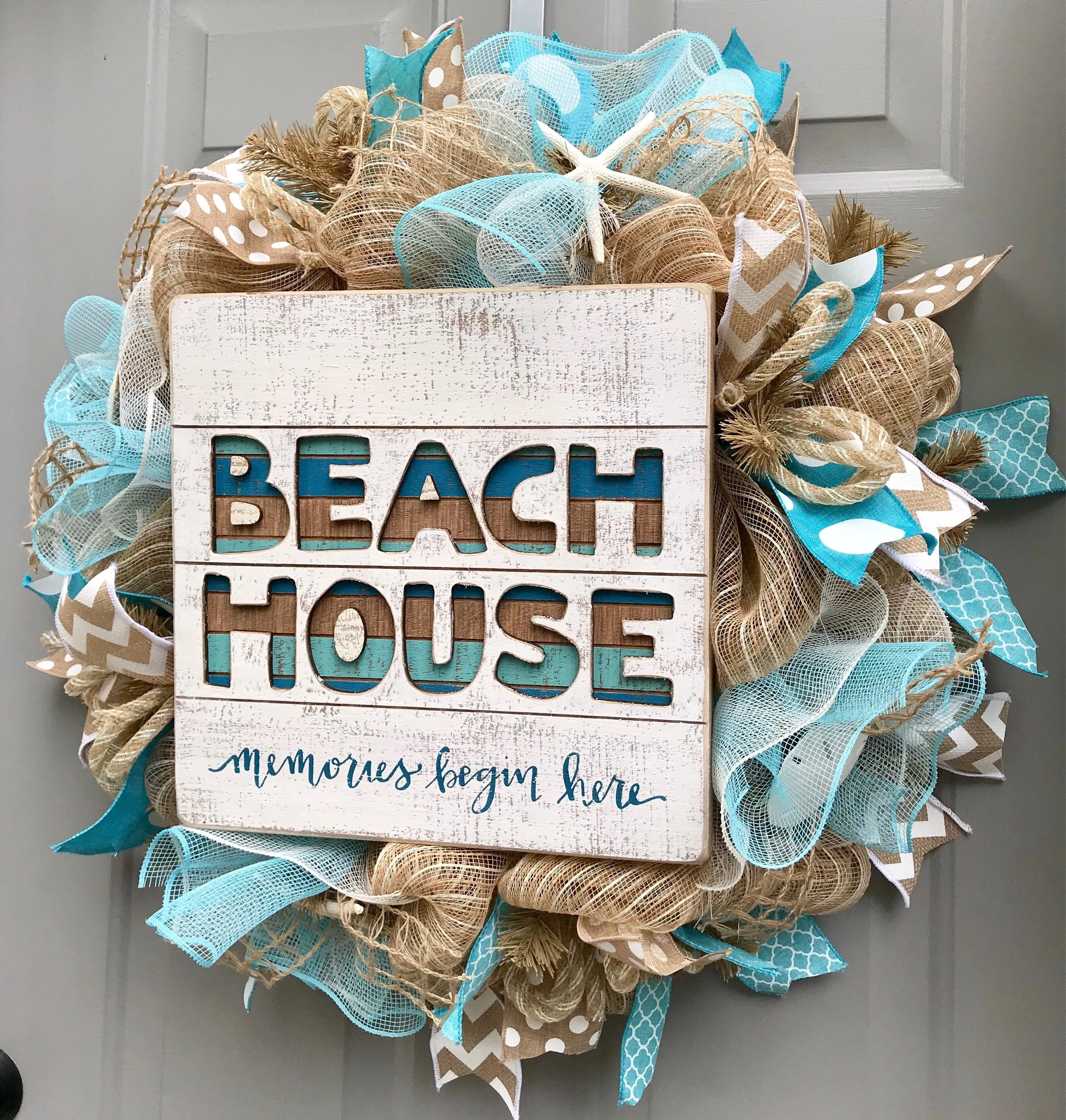 Beach House Burlap Deco Mesh Wreath with Seashells, Seashell Wreath, Sea Shell Wreath, Beach Wreath, Starfish Wreath, Memories Begin Here
