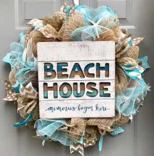 Beach House Burlap Deco Mesh Wreath with Seashells, Seashell Wreath, Sea Shell Wreath, Beach Wreath, Starfish Wreath, Memories Begin Here