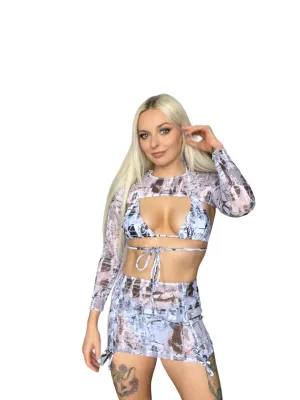 Black And White Abstract 4 Piece Bikini Mesh Crop Top Mini Skirt Set