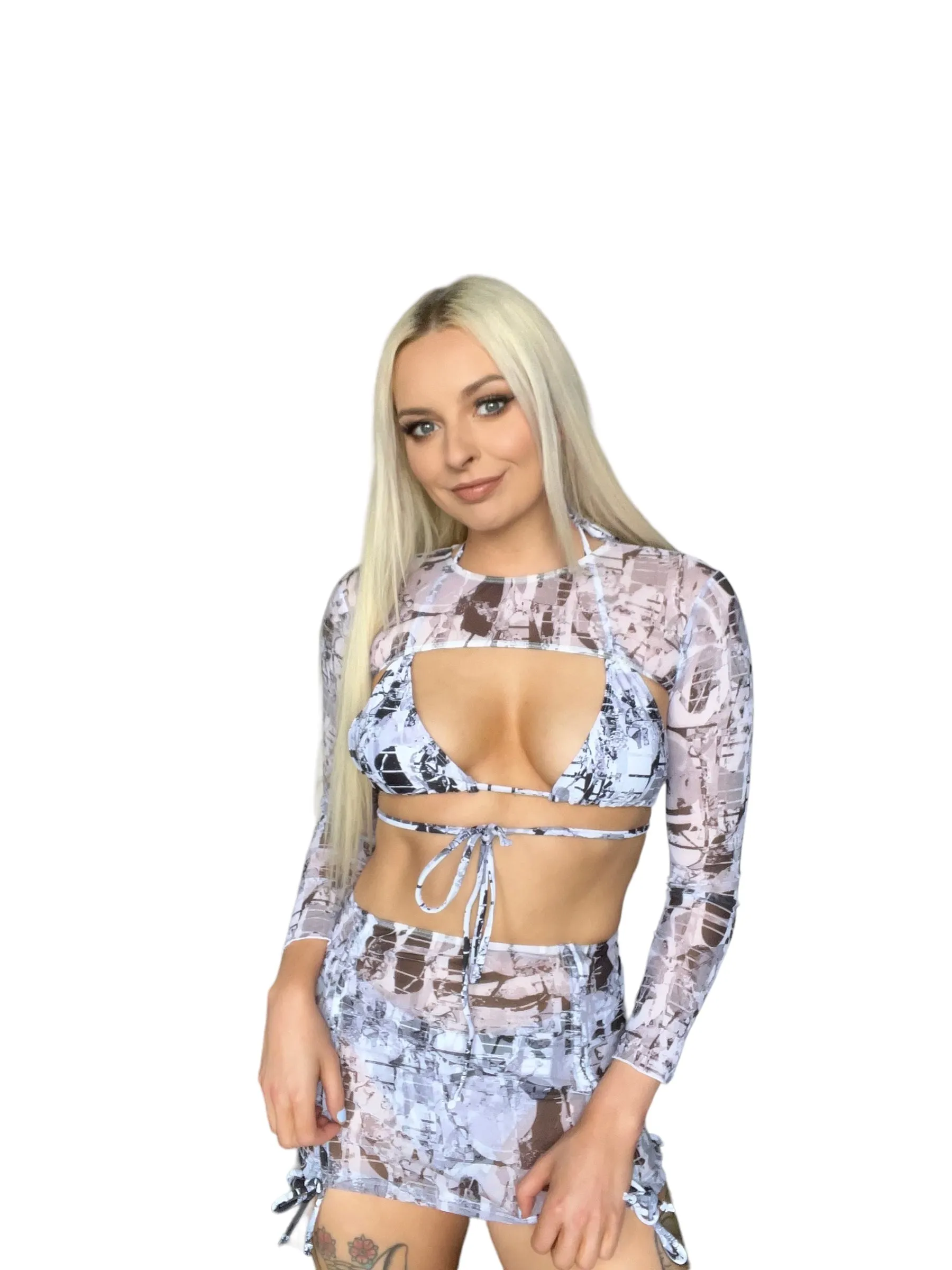 Black And White Abstract 4 Piece Bikini Mesh Crop Top Mini Skirt Set