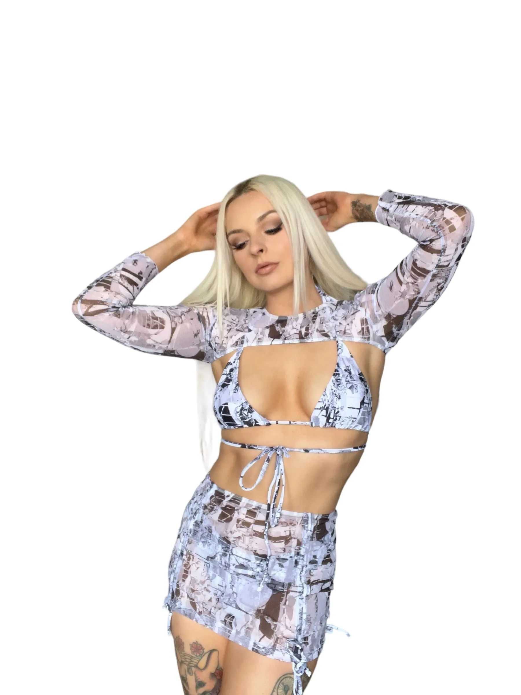 Black And White Abstract 4 Piece Bikini Mesh Crop Top Mini Skirt Set