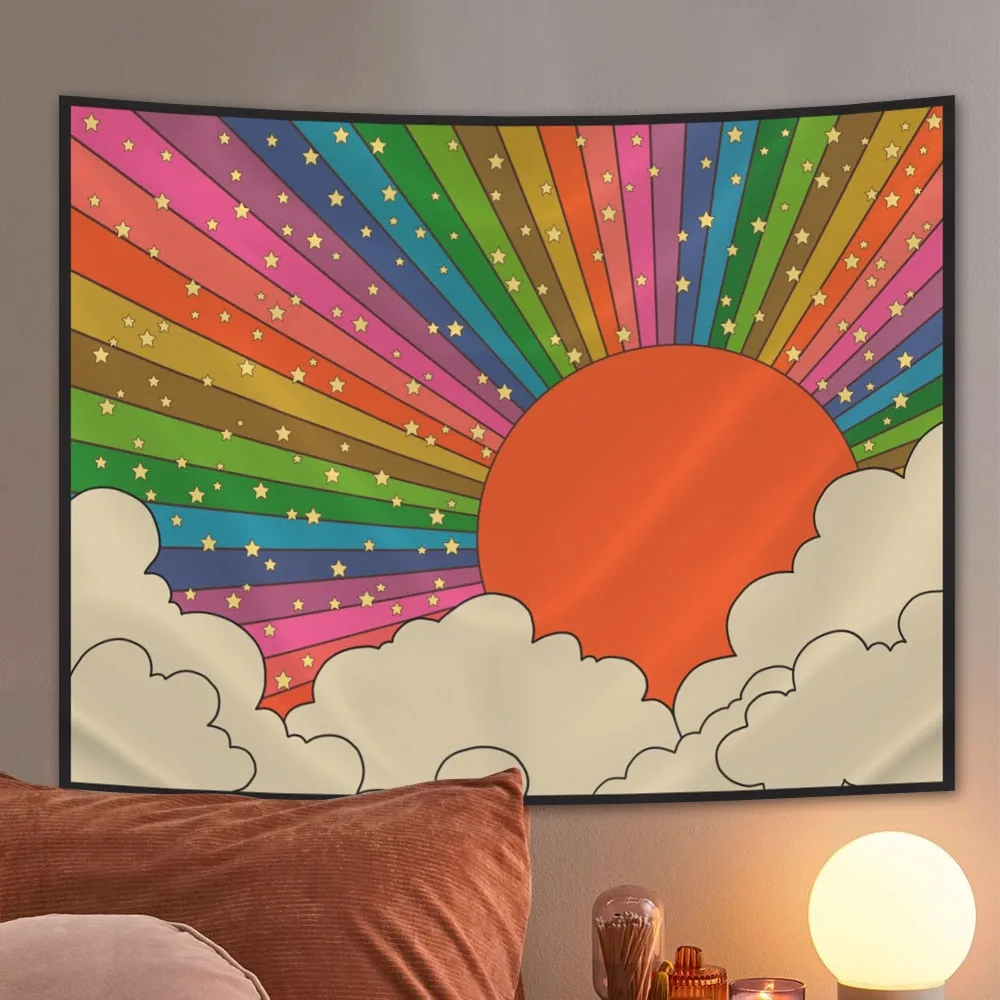 Boho Sun Tapestry Wall Hanging Moon Phase Rainbow Tapestries Bedroom Decor Bedspread Throw Cover Sun Moon Wall Decor