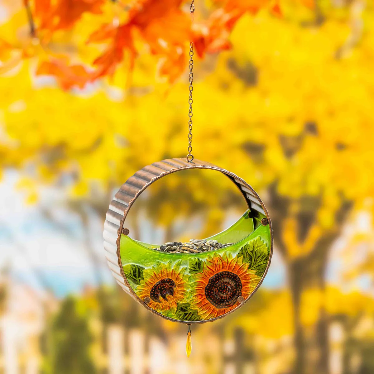 Bronze Bird Feeder with Embossed Glass Sunflowers