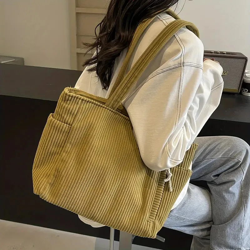 Casual Large Corduroy Tote Bag with Side Pocket & Zip Closure