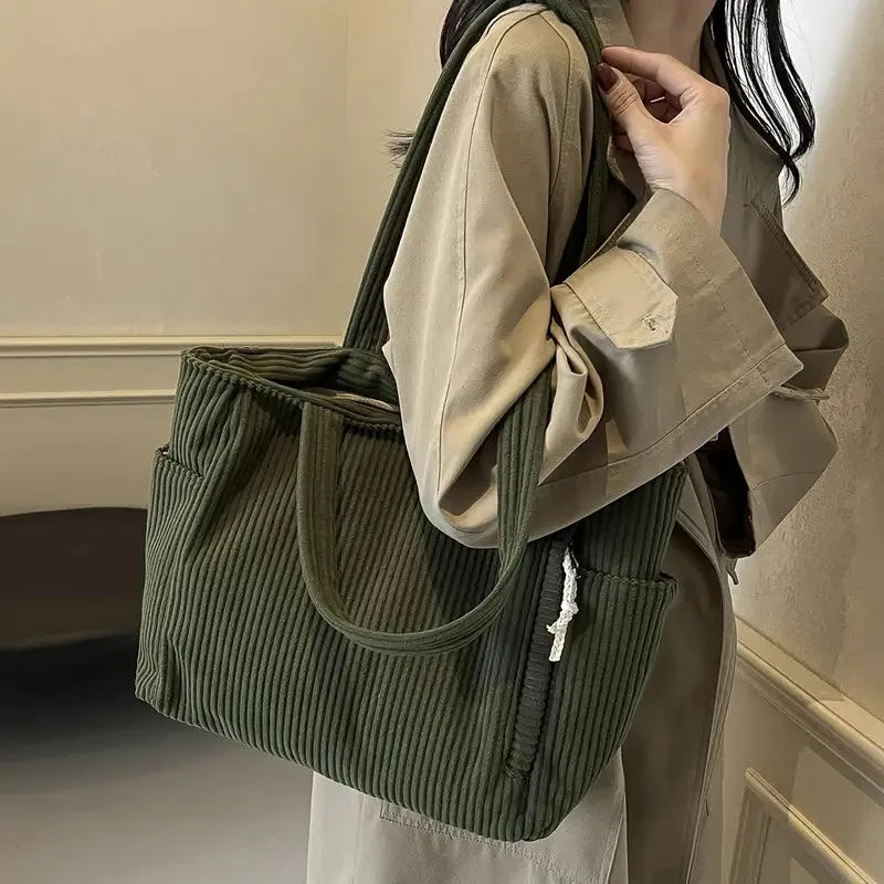 Casual Large Corduroy Tote Bag with Side Pocket & Zip Closure