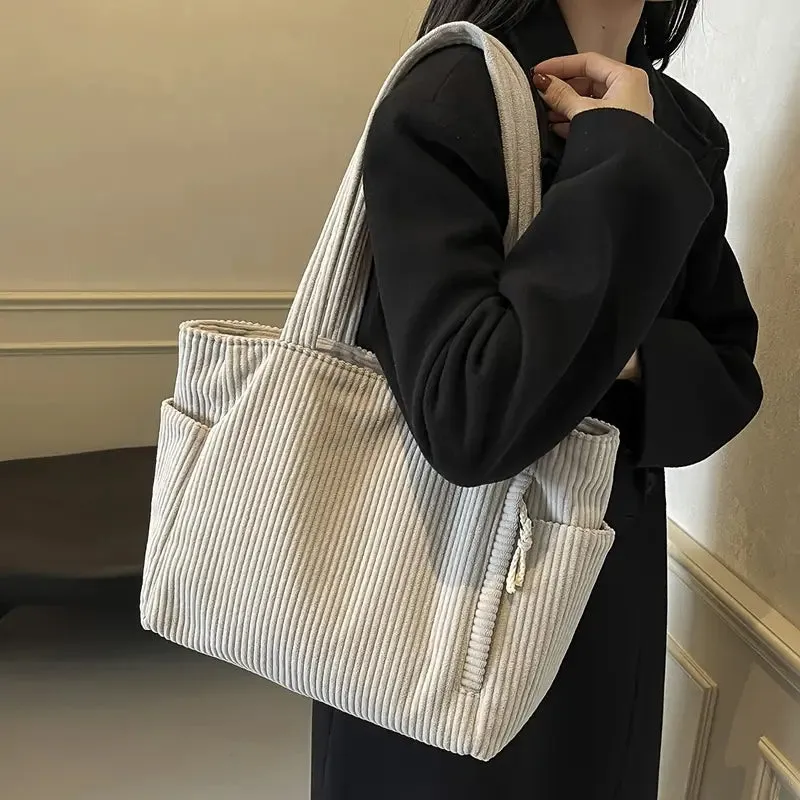Casual Large Corduroy Tote Bag with Side Pocket & Zip Closure