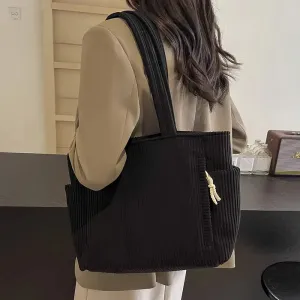 Casual Large Corduroy Tote Bag with Side Pocket & Zip Closure