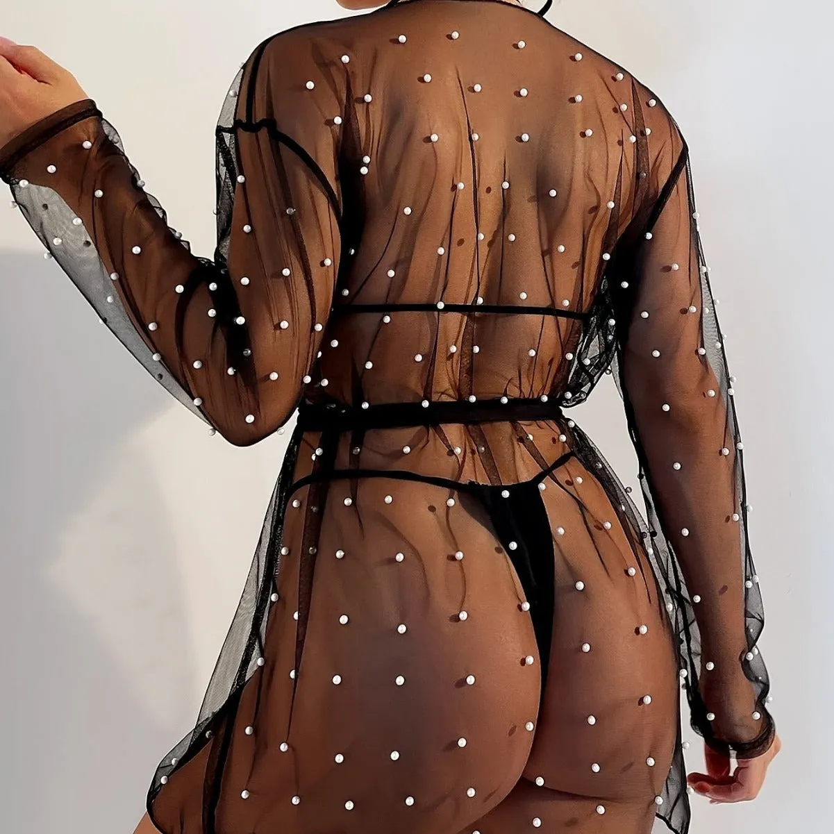 Chic Pearl-Embellished Mesh Beach Cover-Up Blouse