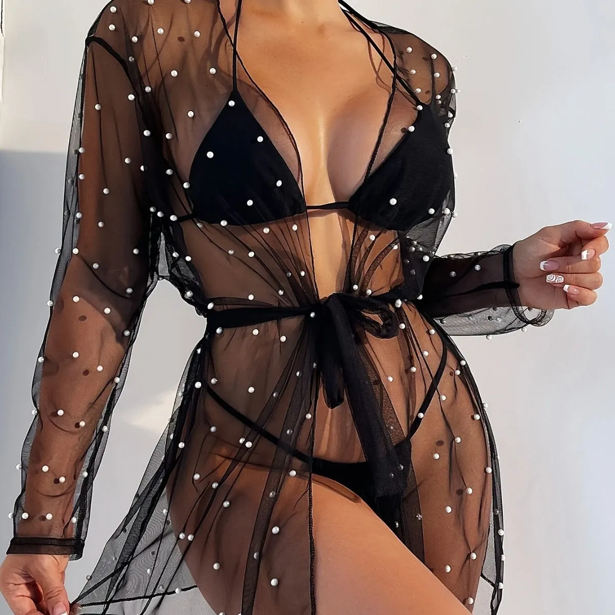 Chic Pearl-Embellished Mesh Beach Cover-Up Blouse