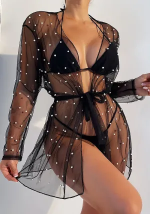 Chic Pearl-Embellished Mesh Beach Cover-Up Blouse