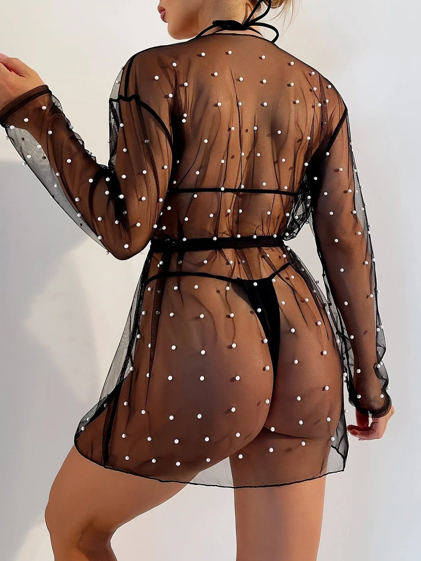 Chic Pearl-Embellished Mesh Beach Cover-Up Blouse