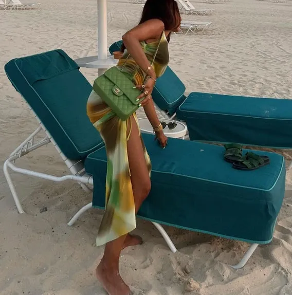 Fashionable Printed Mesh Perspective Sexy Sleeveless Round Neck Bodycon Slit Dress Beach Vacation for Girls C-240429-6