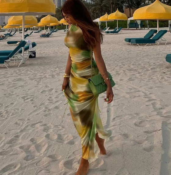 Fashionable Printed Mesh Perspective Sexy Sleeveless Round Neck Bodycon Slit Dress Beach Vacation for Girls C-240429-6
