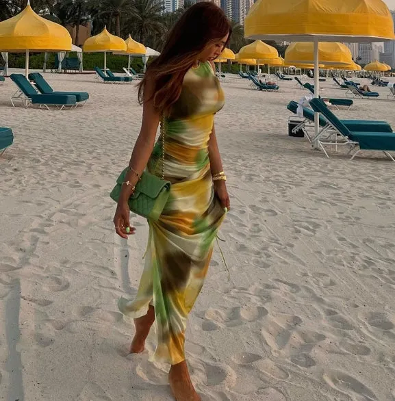 Fashionable Printed Mesh Perspective Sexy Sleeveless Round Neck Bodycon Slit Dress Beach Vacation for Girls C-240429-6