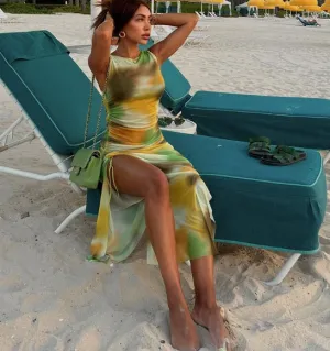 Fashionable Printed Mesh Perspective Sexy Sleeveless Round Neck Bodycon Slit Dress Beach Vacation for Girls C-240429-6