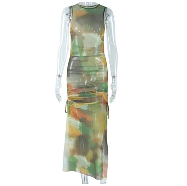 Fashionable Printed Mesh Perspective Sexy Sleeveless Round Neck Bodycon Slit Dress Beach Vacation for Girls C-240429-6