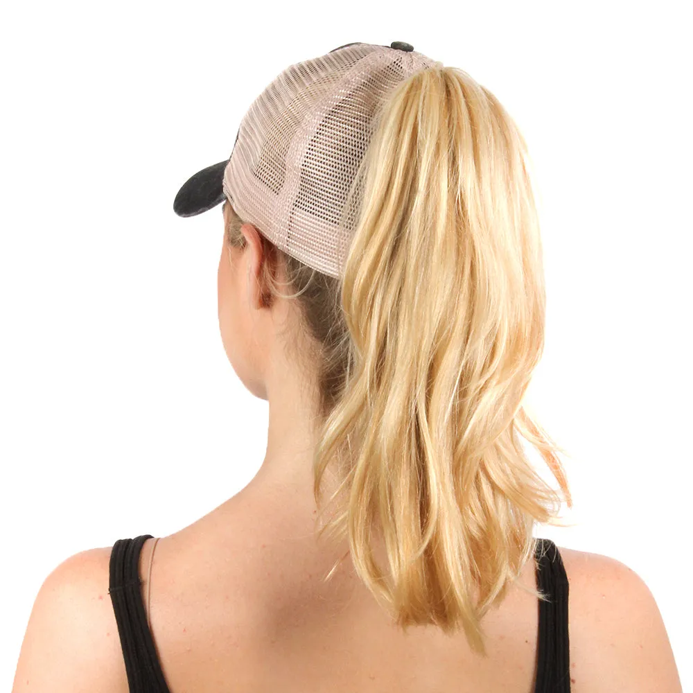 FWCAPMT927 -  Mesh Back Ponyflo Cap with "Beach Please" Embroidery