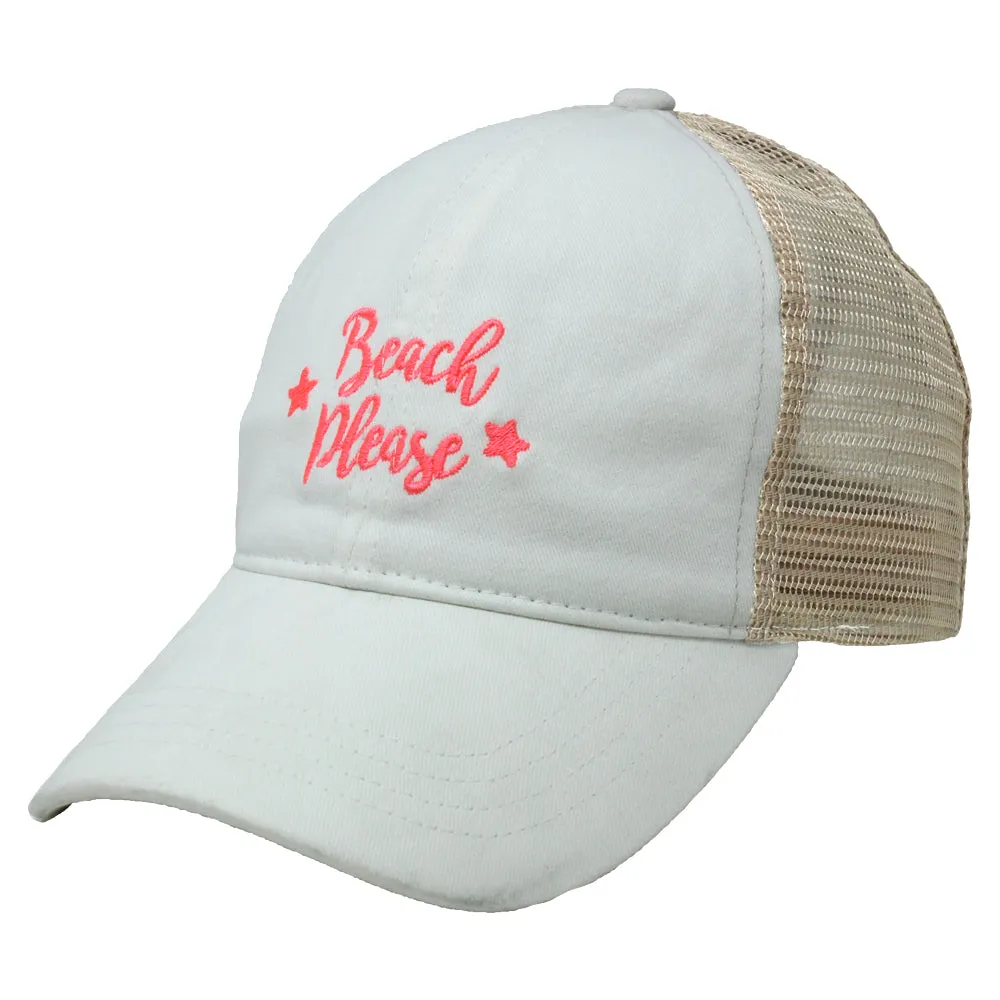 FWCAPMT927 -  Mesh Back Ponyflo Cap with "Beach Please" Embroidery