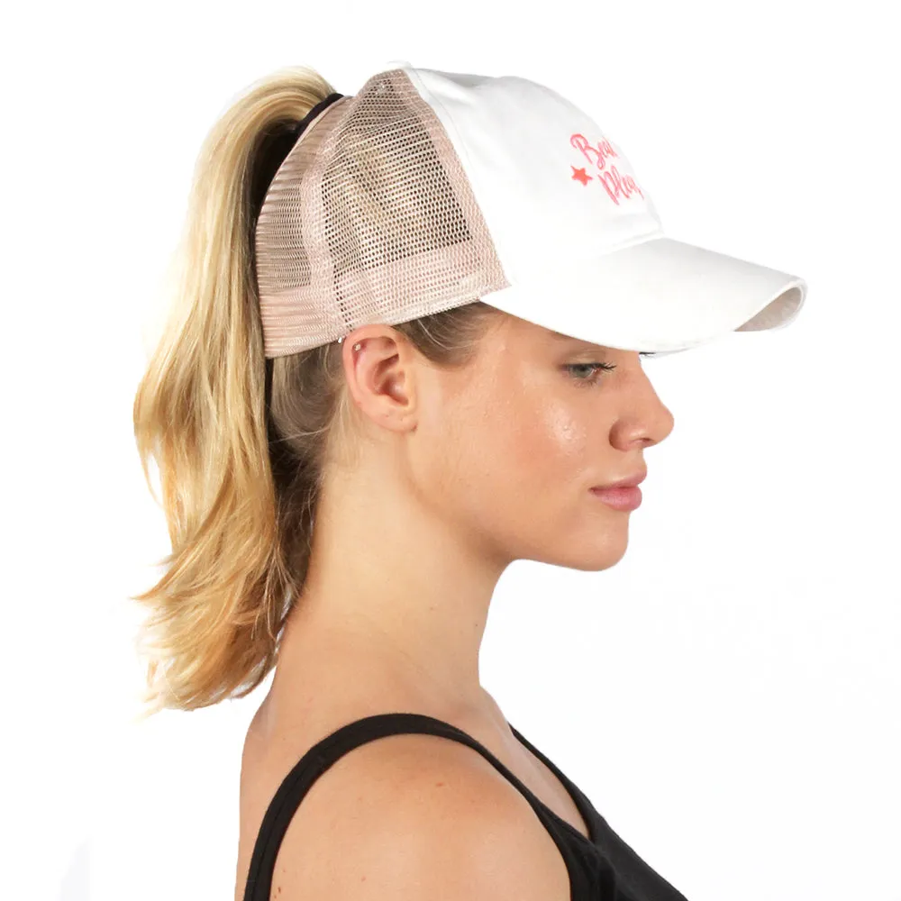 FWCAPMT927 -  Mesh Back Ponyflo Cap with "Beach Please" Embroidery