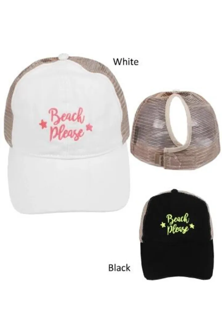 FWCAPMT927 -  Mesh Back Ponyflo Cap with "Beach Please" Embroidery