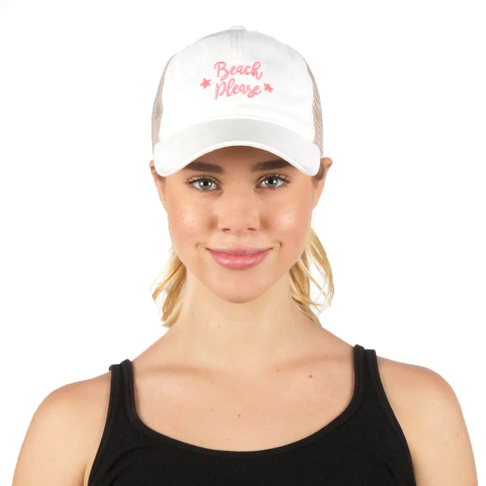 FWCAPMT927 -  Mesh Back Ponyflo Cap with "Beach Please" Embroidery