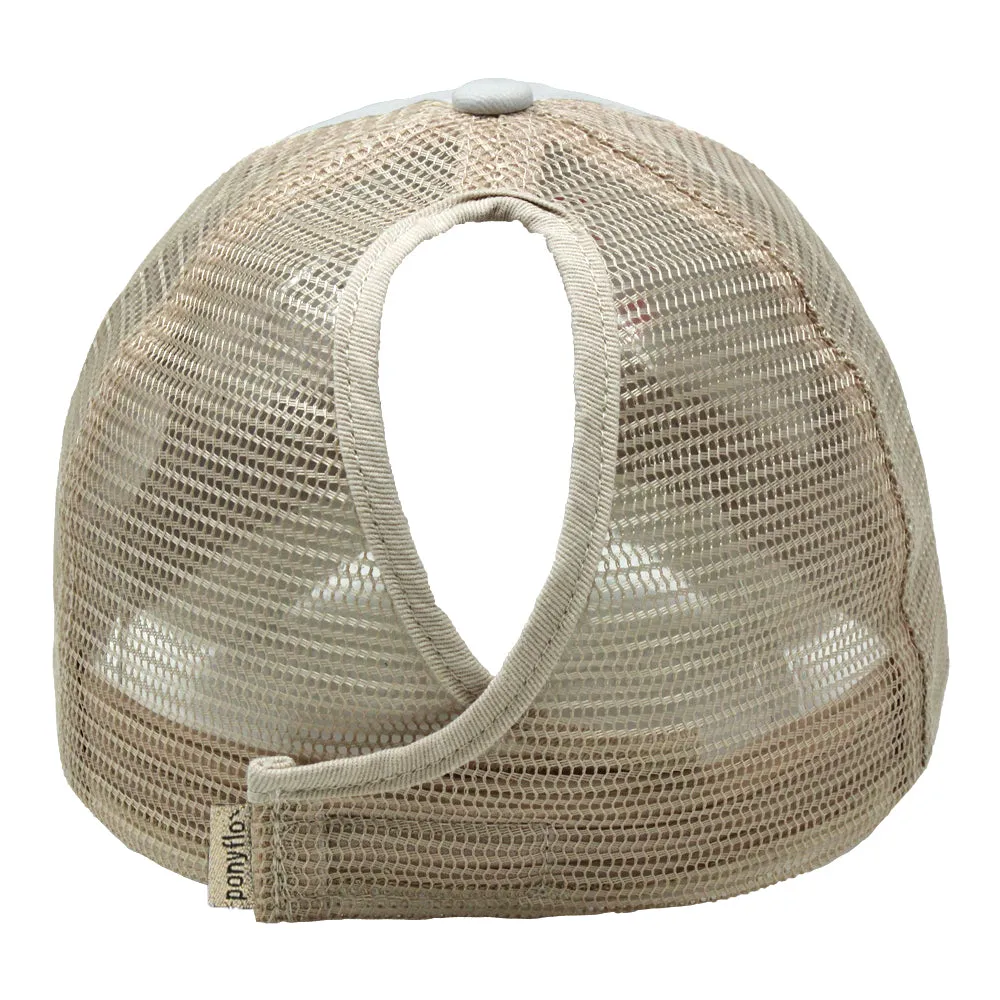 FWCAPMT927 -  Mesh Back Ponyflo Cap with "Beach Please" Embroidery