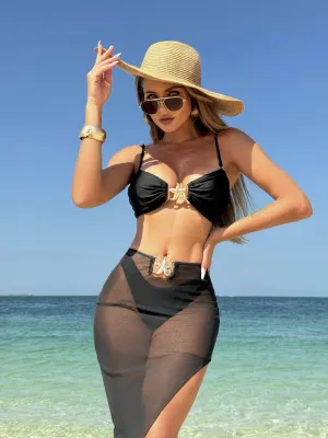 Glamorous Three-Piece Swimwear with Mesh Long Skirt