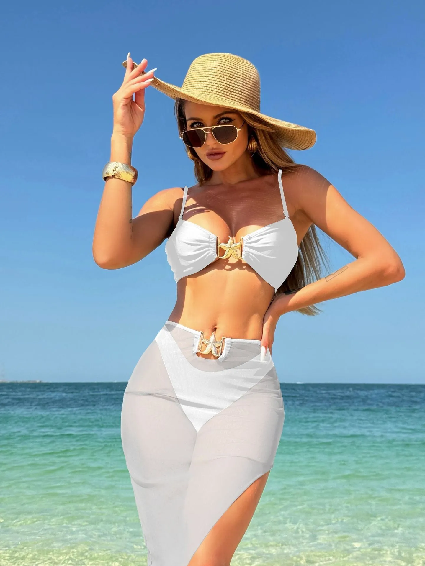 Glamorous Three-Piece Swimwear with Mesh Long Skirt