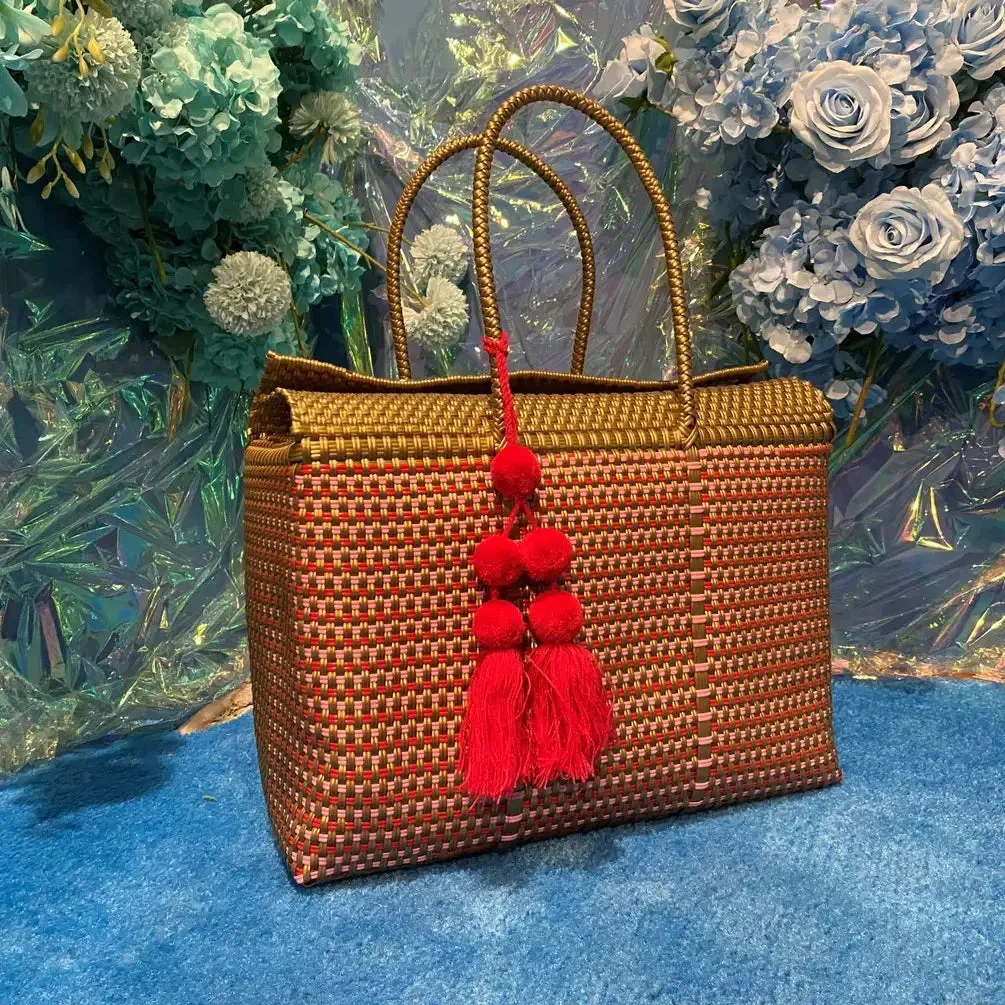 Gold and Pink Handwoven recycled plastic beach Bags