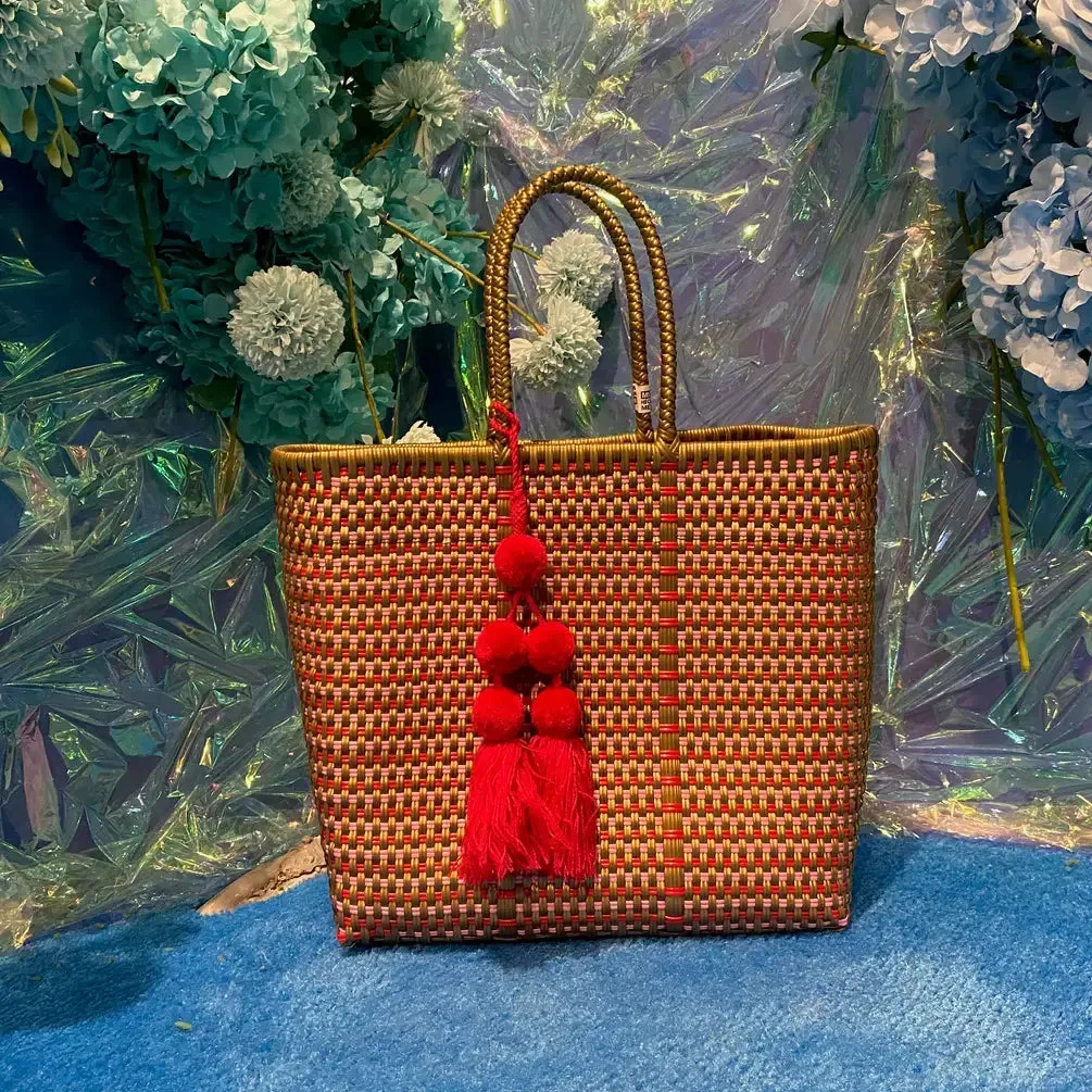 Gold and Pink Handwoven recycled plastic beach Bags