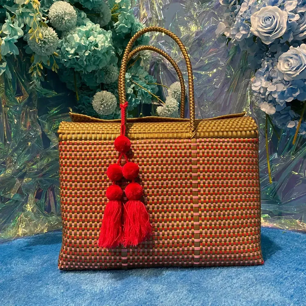 Gold and Pink Handwoven recycled plastic beach Bags