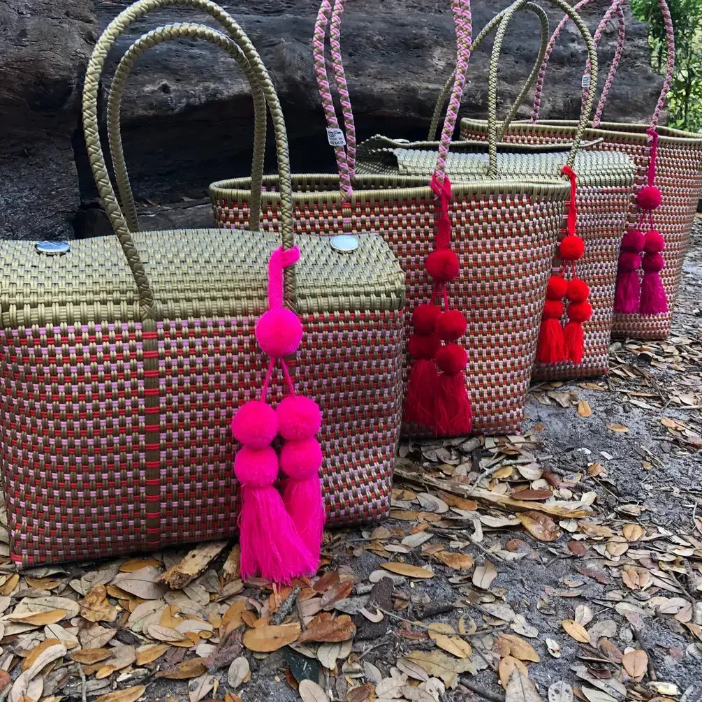 Gold and Pink Handwoven recycled plastic beach Bags