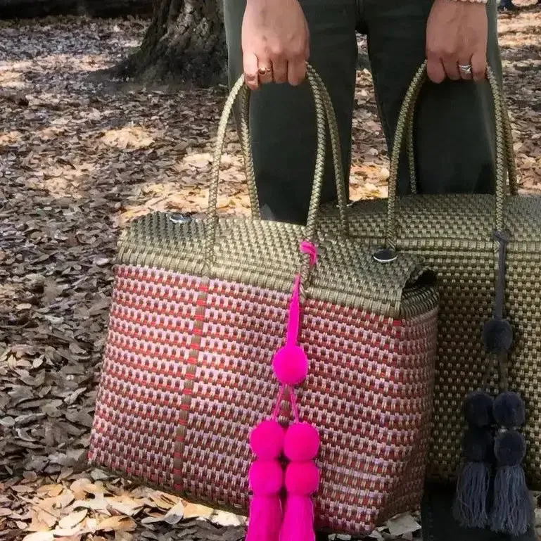 Gold and Pink Handwoven recycled plastic beach Bags