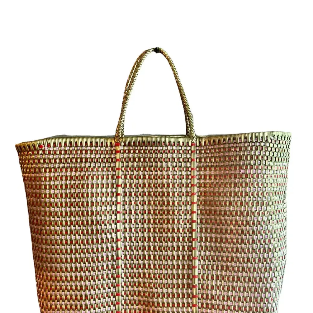 Gold and Pink Handwoven recycled plastic beach Bags