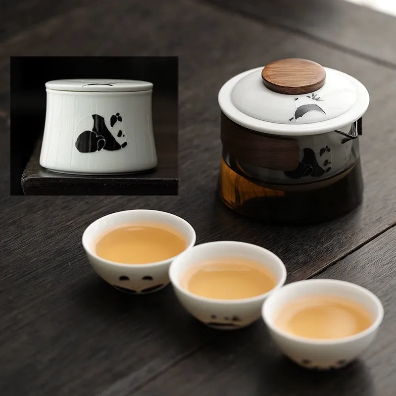 Hand-Painted Panda Glass Travel Teaware Set - Portable Outdoor Ceramic Quick-Serve Cup with Pot and Three Cups Mini Kit