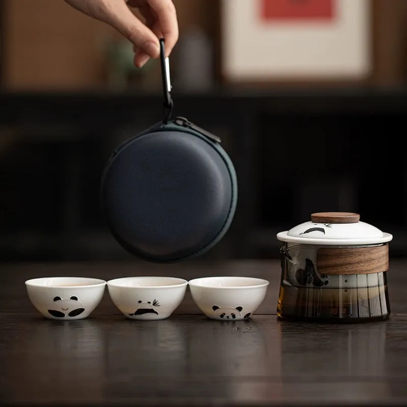 Hand-Painted Panda Glass Travel Teaware Set - Portable Outdoor Ceramic Quick-Serve Cup with Pot and Three Cups Mini Kit
