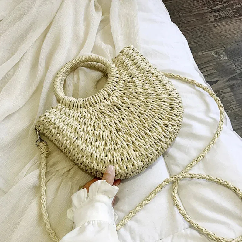 Hand-Woven Moon Shape Straw Bag