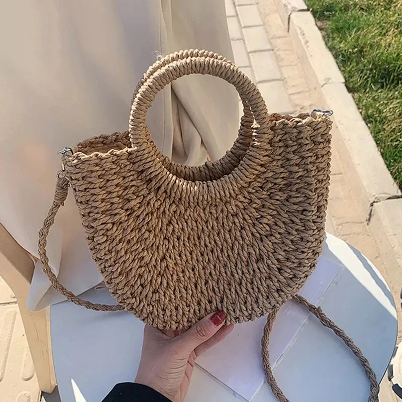 Hand-Woven Moon Shape Straw Bag