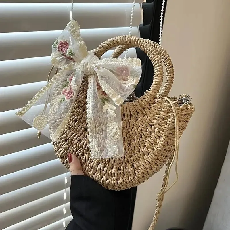 Hand-Woven Moon Shape Straw Bag